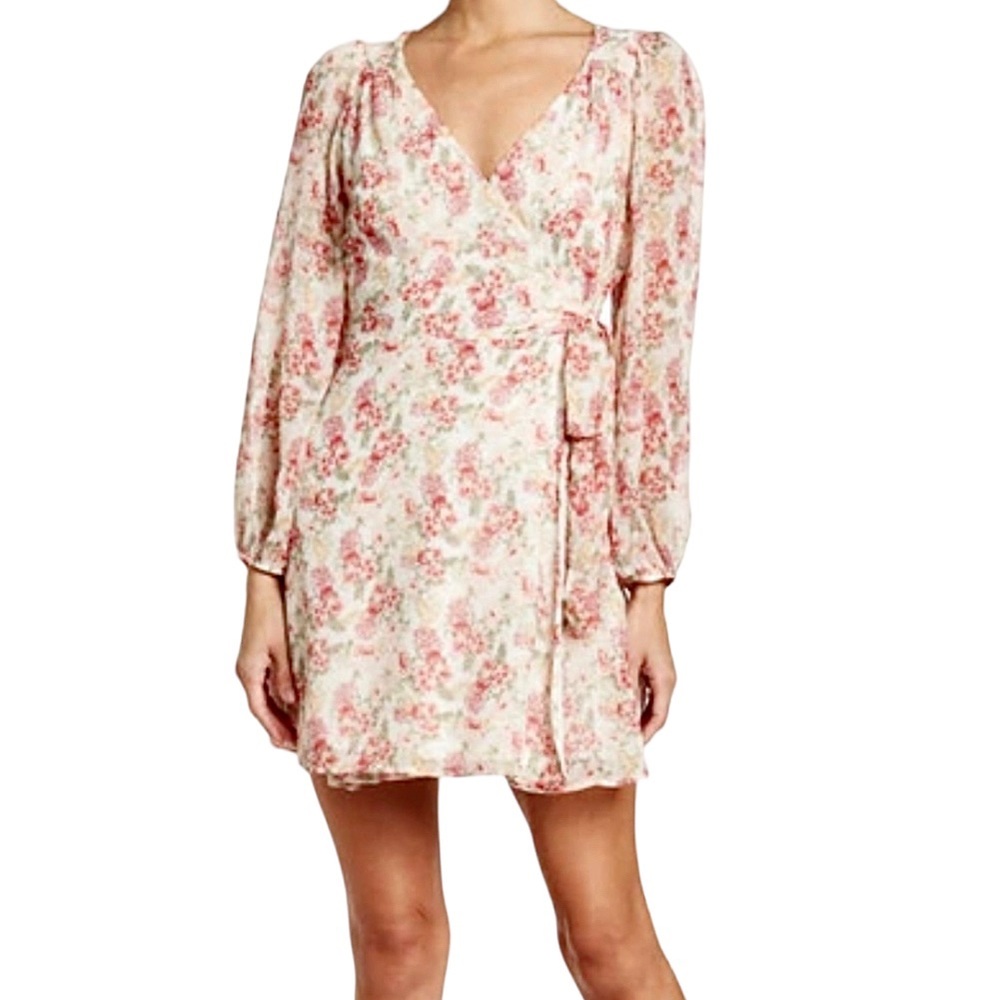 FLORAL LONG SLEEVE CHIFFON WRAP DRESS